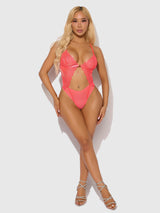 House of Desire Eden Embroidered Lace Wirefree Teddy Neon Coral Large