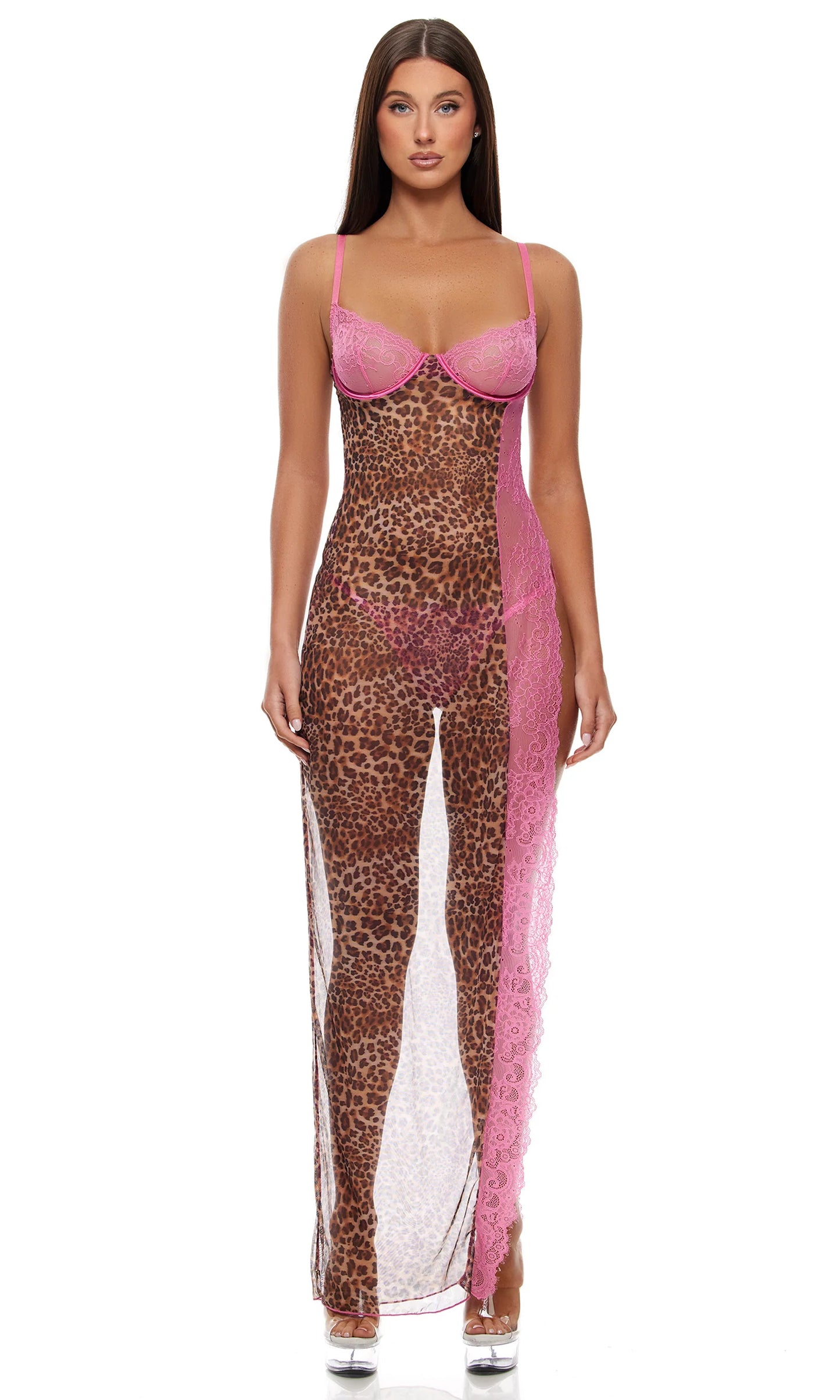 Forplay Animal Instincts Sheer Mesh Nightgown Lingerie Set Pink Leopard