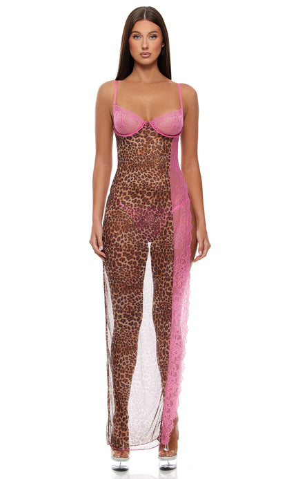 Forplay Animal Instincts Sheer Mesh Nightgown Lingerie Set Pink Leopard