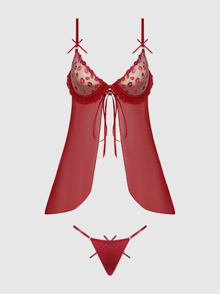 House of Desire Angelina Babydoll Kiss Lips Embroidery Red Small