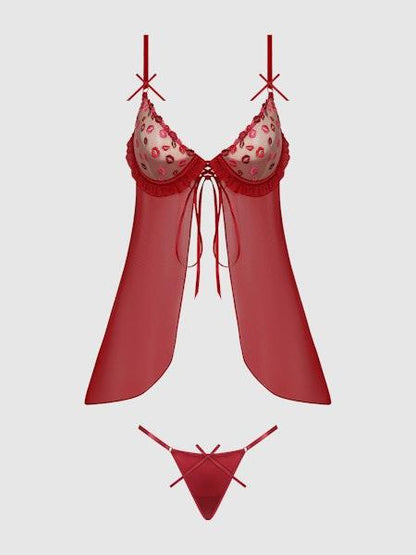 House of Desire Angelina Babydoll Kiss Lips Embroidery Red Small