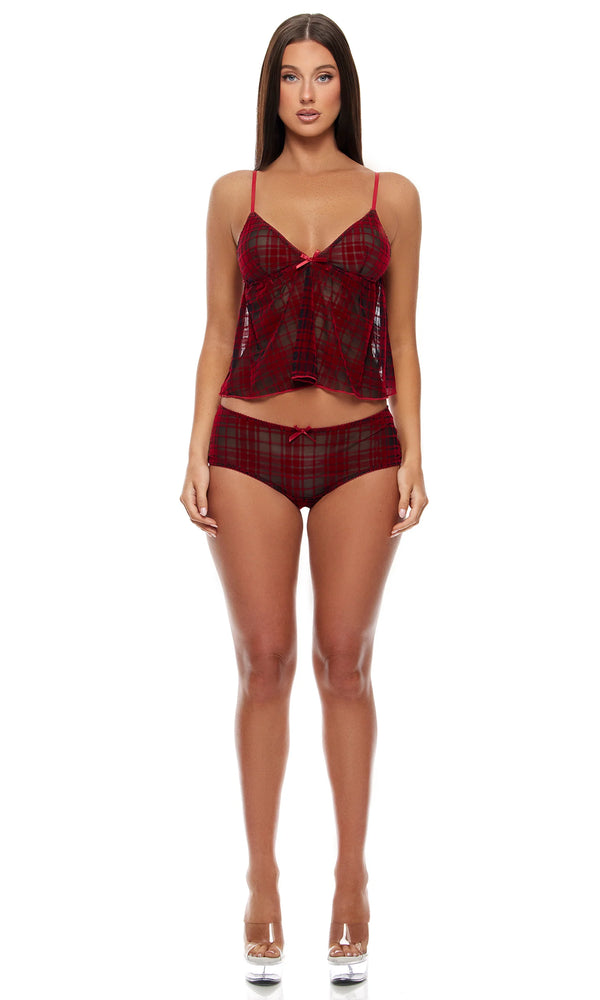 Forplay Velvet Lines Plaid Mesh Cami and Boyshorts Lingerie Set