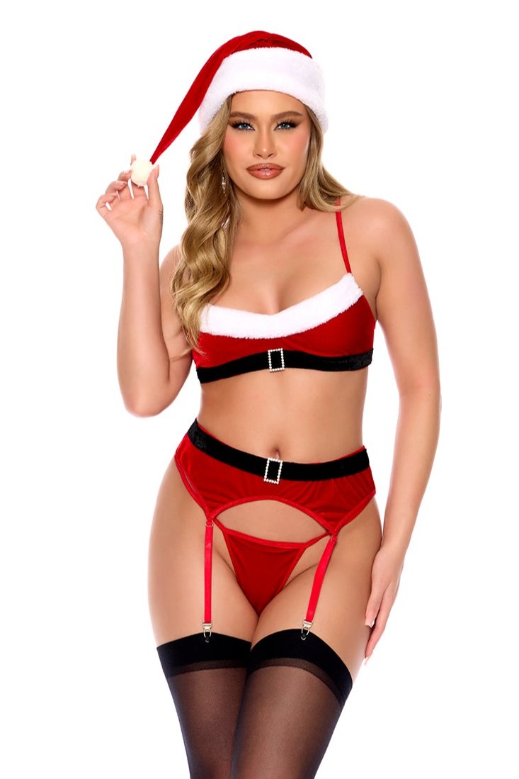 Elegant Moments Holiday Santas Little Helper Velvet Bra Set with Hat Red