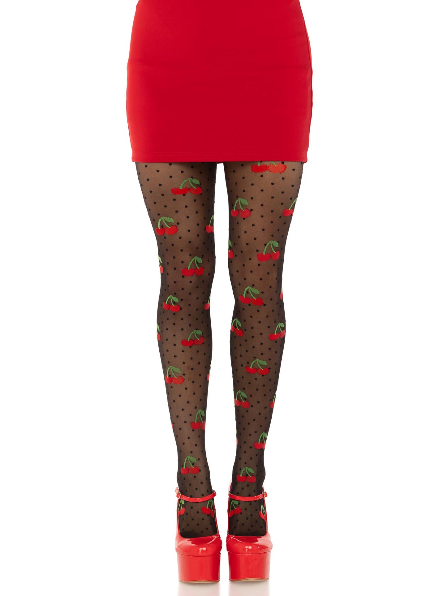 Leg Avenue Polka Dot Cherry Tights - One Size - Black