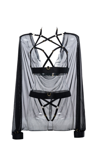 Allure Adore Ultra Sexy Sweet Little Lies Cape, Harness Top and Panty Set Black