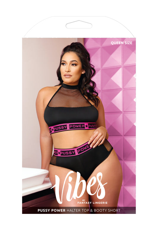 Fantasy Lingerie Queen Vibes Pussy Power Black Halter Top Bra Set Pink Color Block