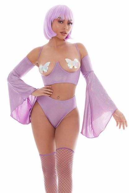 Kandi House Holo Hun 5pc Underbust Open Cups Corset Bra Set Purple