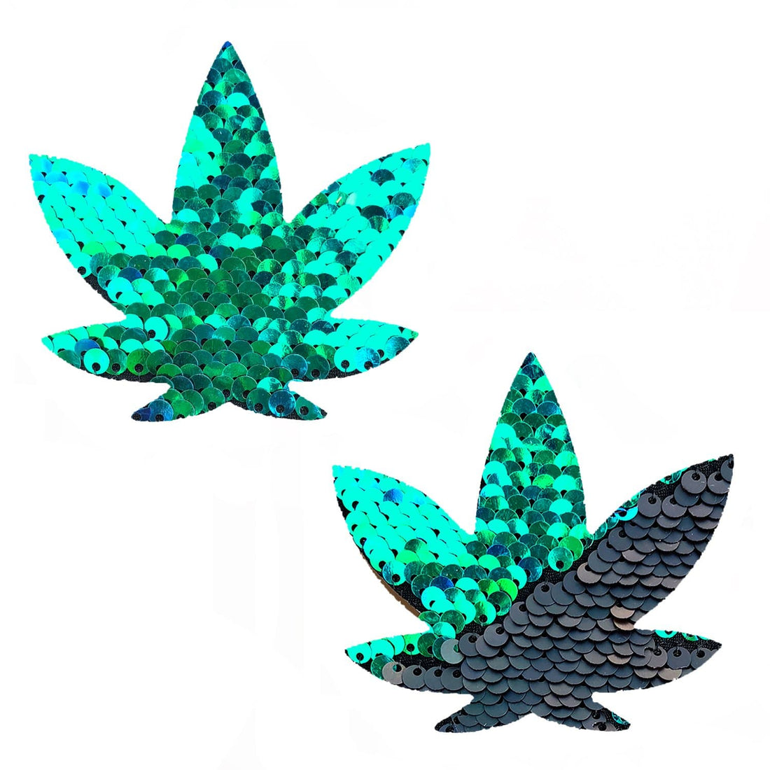 Neva Nude Flip Sequin Dope AF Weed Leaf Pasties - Green/Black