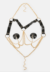 Neva Nude Gold Chain Harness Reusable Silicone Pasties - Black