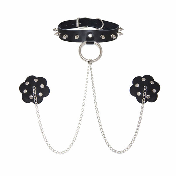 Neva Nude Burlesque Slave 4 U Chain Neck Choker Leather Reusable Silicone Pasties - Black