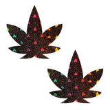 Neva Nude Holographic Heart Glitter Weed Leaf Pasties - Black/Red