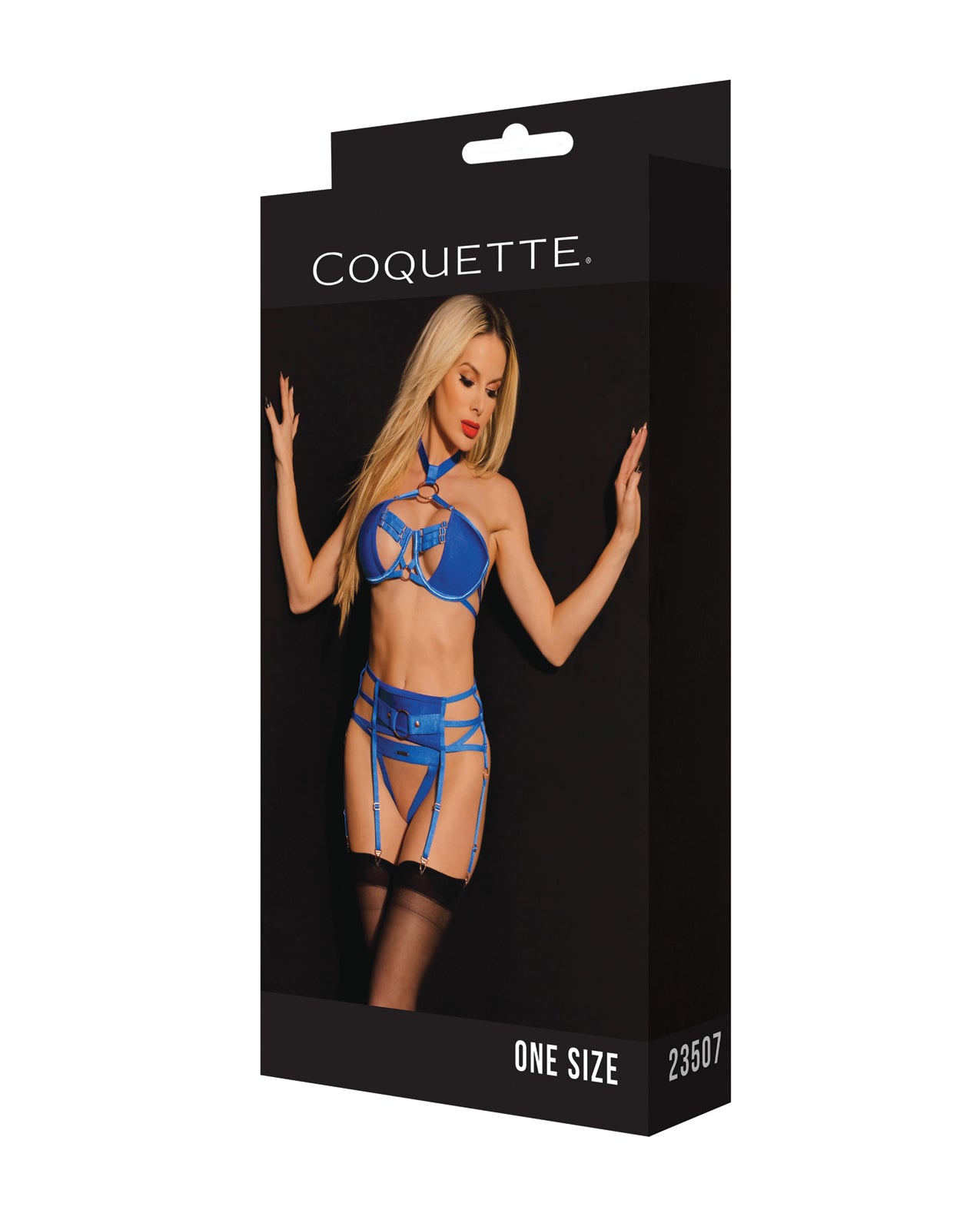 Coquette Pleasure Collection Underwire Bra Set Choker, Garter Belt & G-String Blue