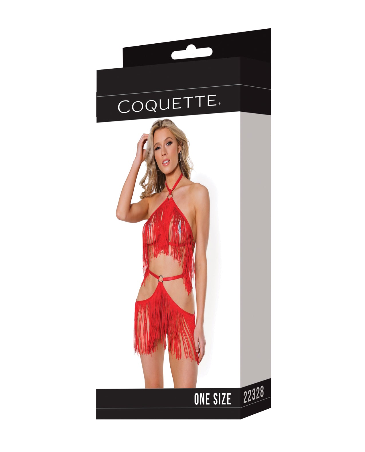 Coquette Holiday Fringe Top & Skirt Harness Bra Set Red