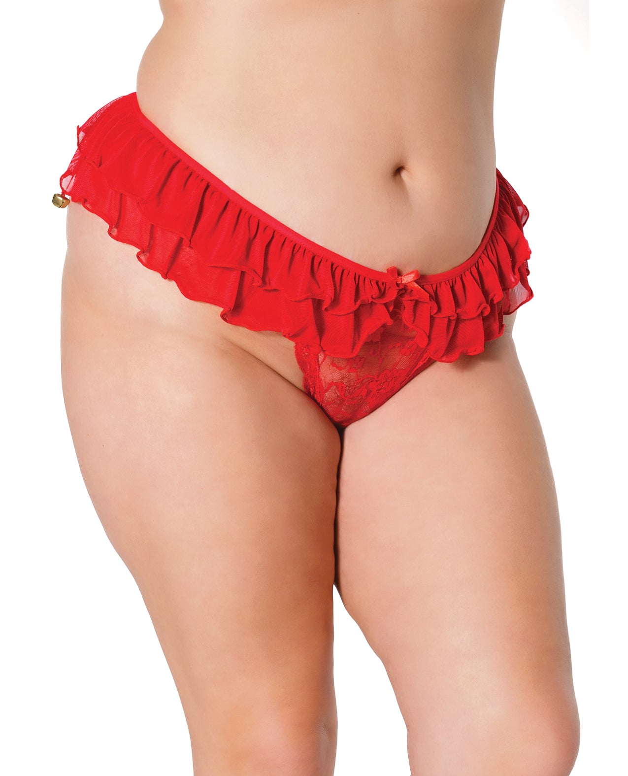 Coquette Diva Holiday Crotchless Panty w/Ruffle Jingle Bell Waist Red