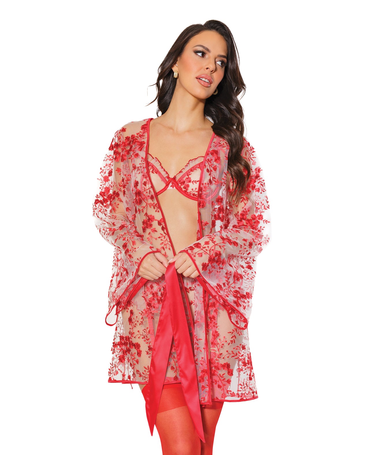 Coquette Holiday Embroidered Tulle Sheer Robe Red Flowers