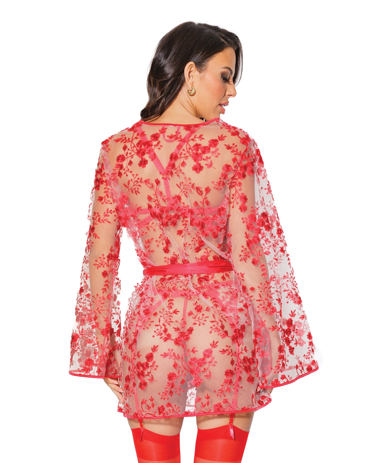 Coquette Holiday Embroidered Tulle Sheer Robe Red Flowers