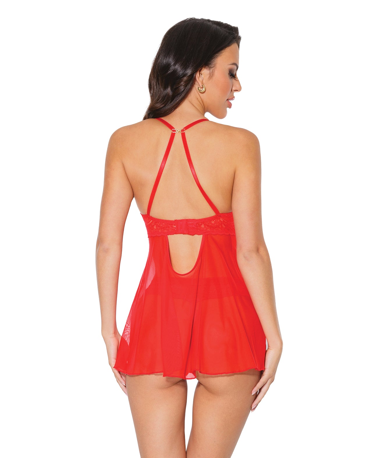 Coquette Holiday Scallop Stretch Lace & Mesh Babydoll & Thong Red/Gold