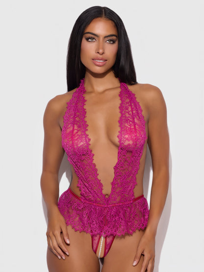 House of Desire Jocelyn Satin & Lace Drop Off Crotchless Teddy Crimson Red Raspberry