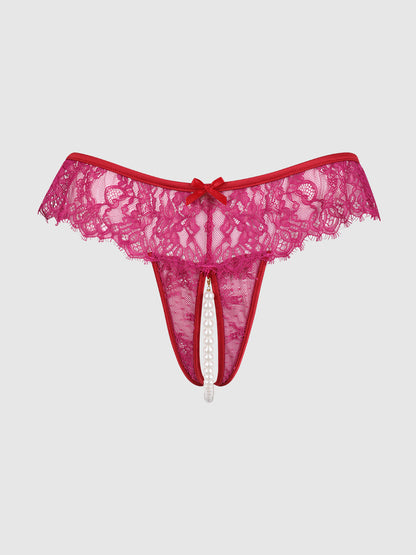 House of Desire Jocelyn Lace & Pearl Crotchless Thong Crimson Red Raspberry