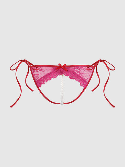House of Desire Jocelyn Lace & Pearl Crotchless Bikini Side Ties Red Crimson Raspberry