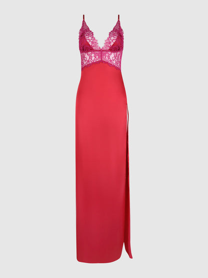 House of Desire Jocelyn Satin & Lace Long High Slit Gown Crimson Red Raspberry