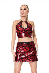 Coquette Darque Wet Look Red Leopard Halter Crop Top-Rebel Romance