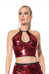 Coquette Darque Wet Look Red Leopard Halter Crop Top-Rebel Romance