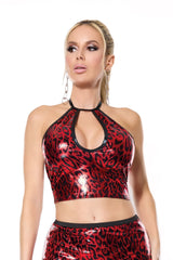Coquette Darque Wet Look Red Leopard Halter Crop Top-Rebel Romance