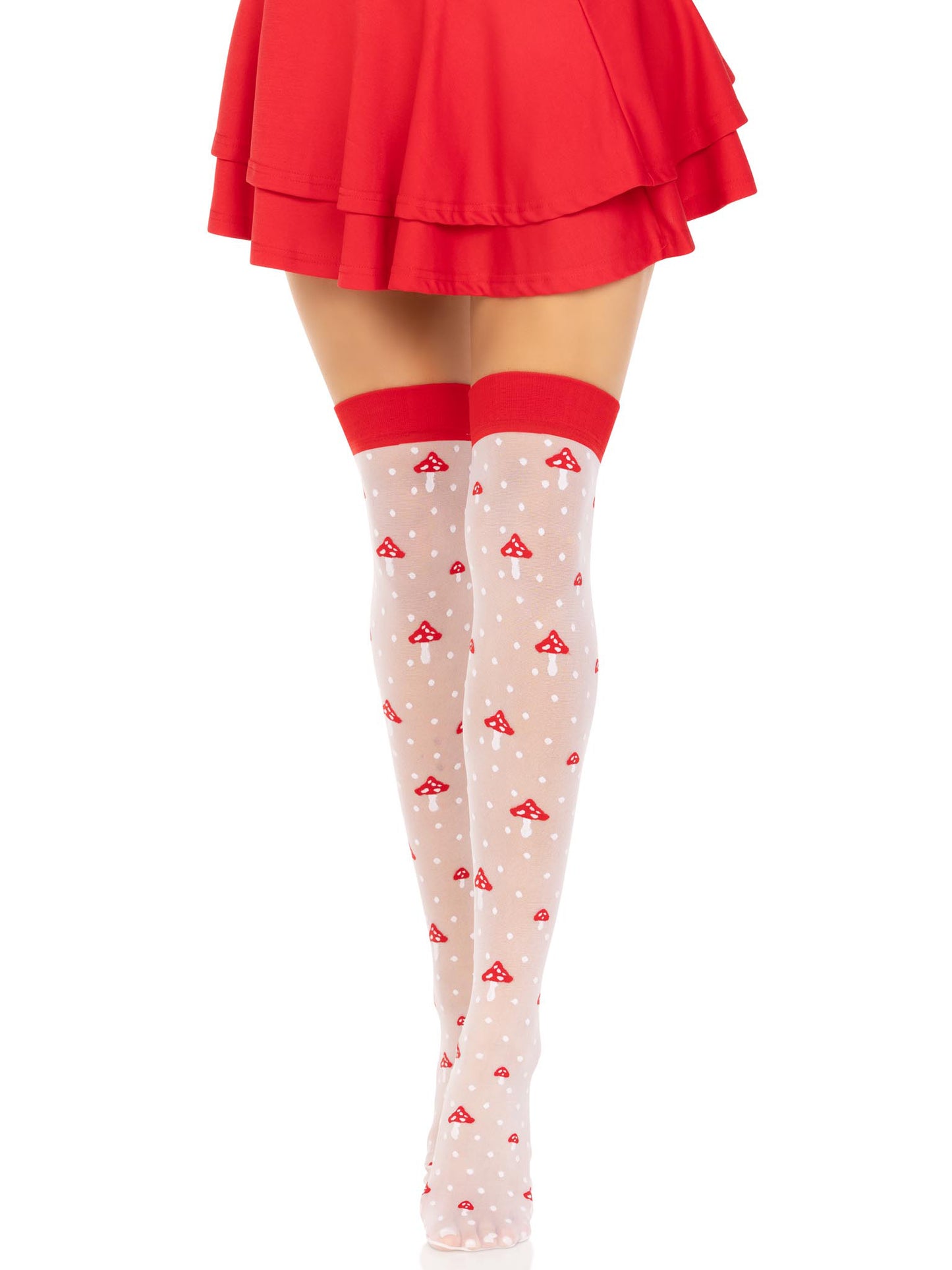 Leg Avenue Polka Dot Mushroom Thigh High - One Size - White/Red