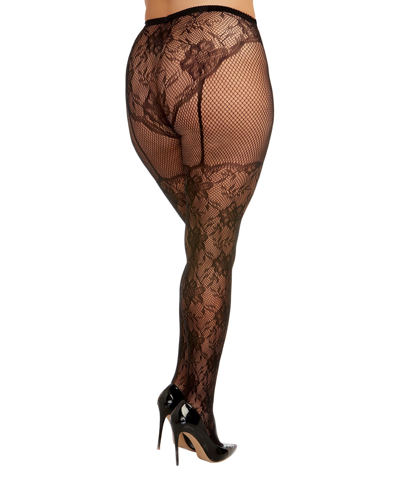 Dreamgirl Queen Lace Fishnet Pantyhose High-Waisted Lace Panty Design Black