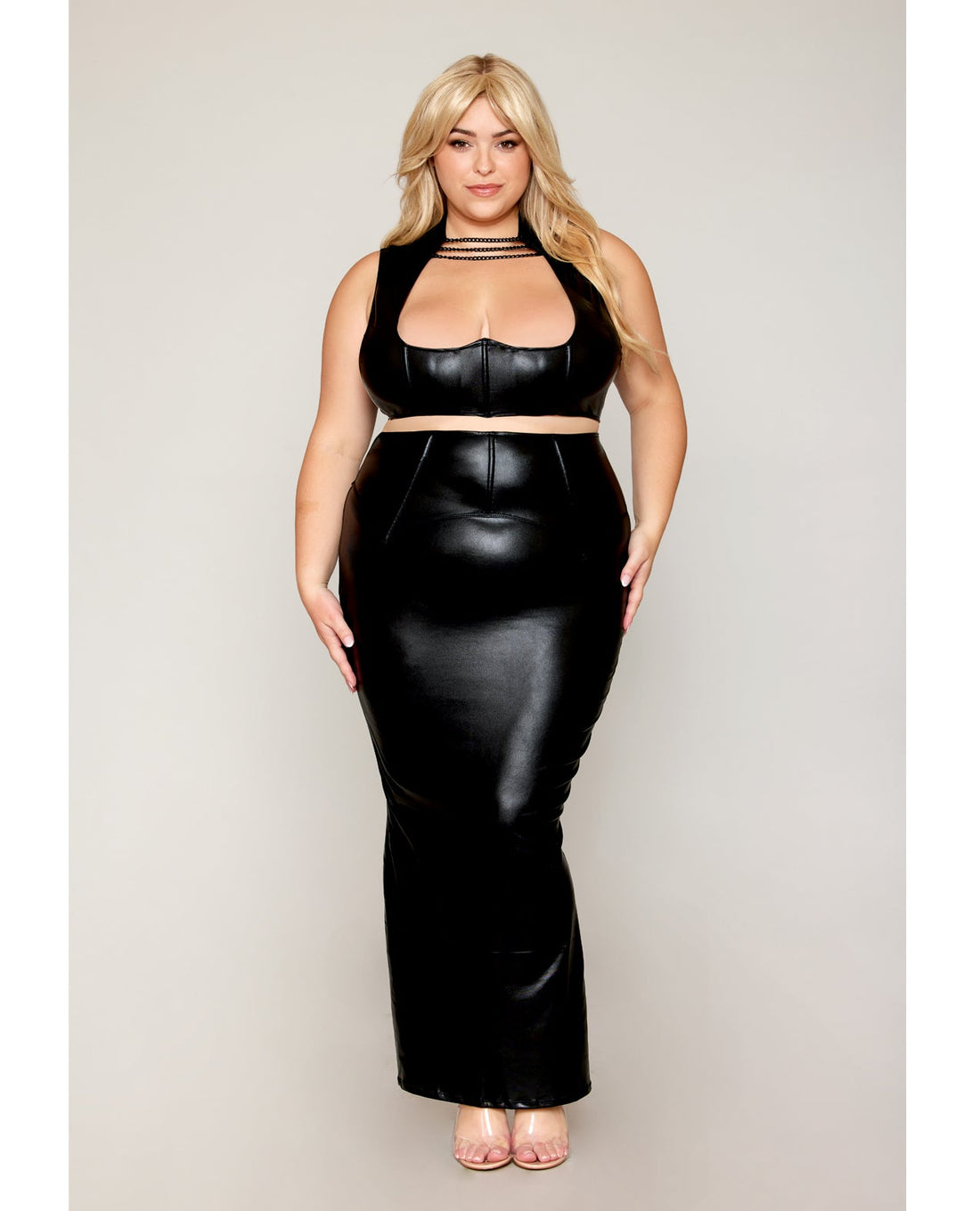 Dreamgirl Queen Stretch Faux Leather Harness Bra & Long Slip Skirt
