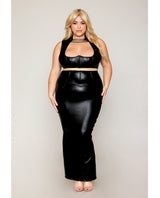 Dreamgirl Queen Stretch Faux Leather Harness Bra & Long Slip Skirt
