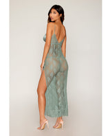 Dreamgirl Eyelash Lace & Satin Long Chemise Set Sage Green