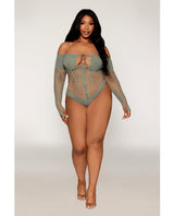 Dreamgirl Queen Halter Chain Long Sleeve Fishnet Seamless Teddy Sage Green