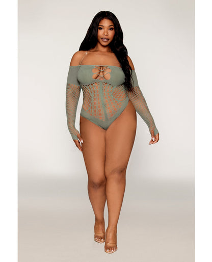 Dreamgirl Queen Halter Chain Long Sleeve Fishnet Seamless Teddy Sage Green