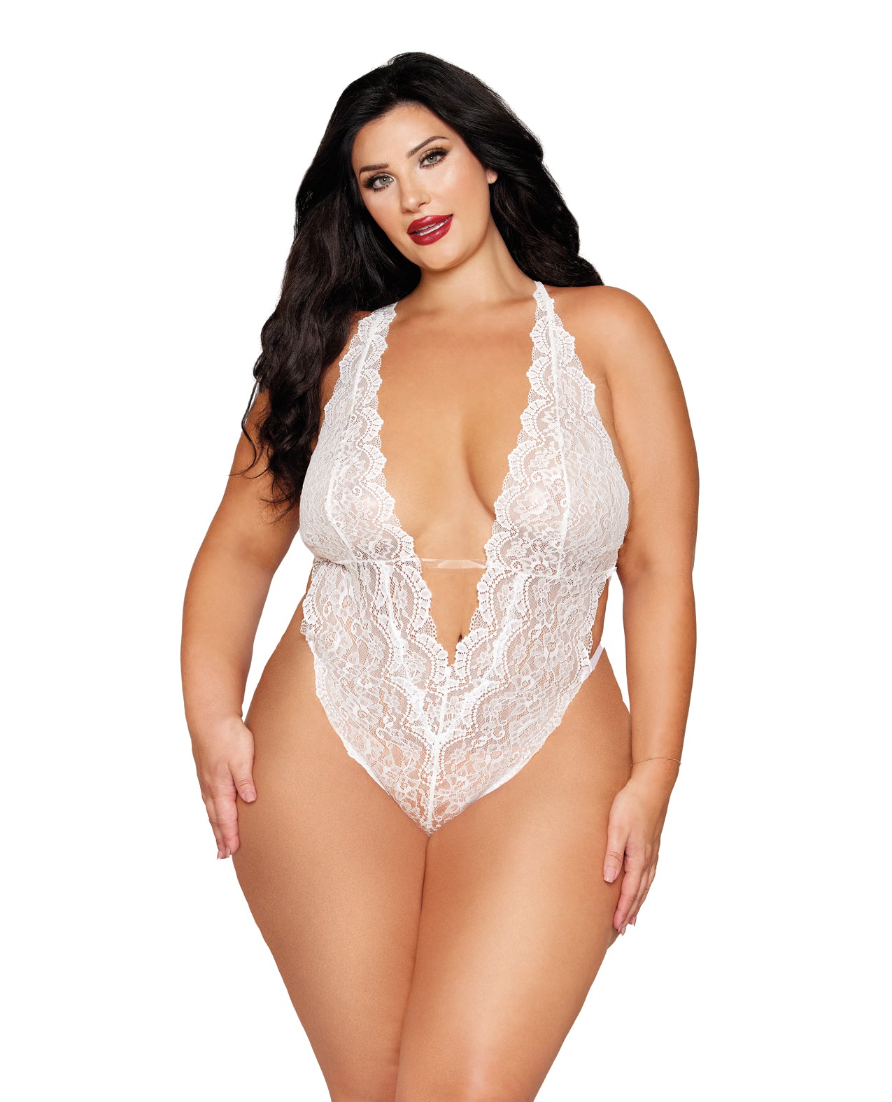 Dreamgirl Queen Stretch Lace Teddy Removable Pearl Harness White