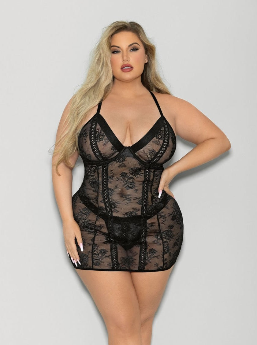 Escante Queen Boss Lady Lace Up Chemise Panty Set Black