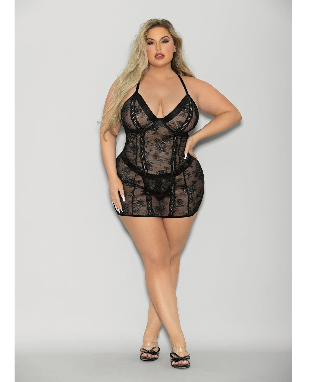 Escante Queen Boss Lady Lace Up Chemise Panty Set Black