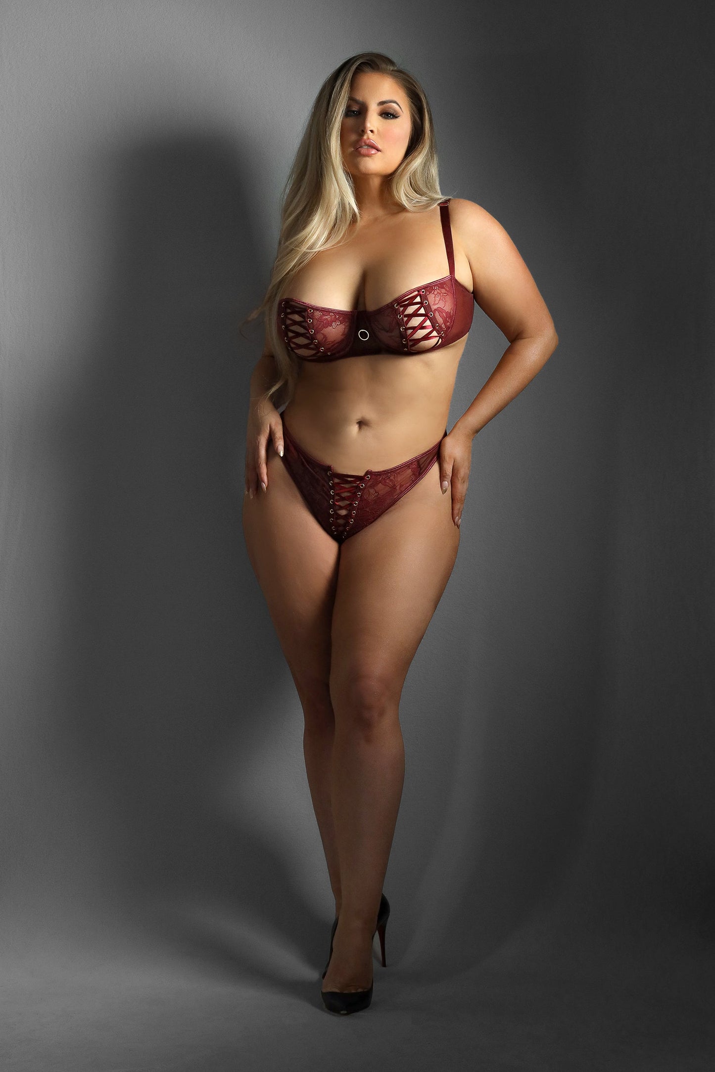 Fantasy Lingerie Edge Queen Lace-up Balconette Bra Crotchless Panty Set Burgundy