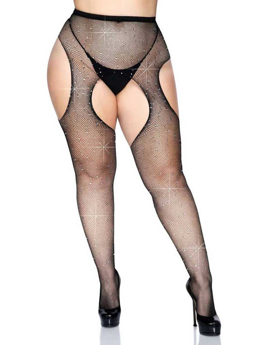 Leg Avenue Casey Rhinestone Fishnet Suspender Pantyhose - Queen - Black