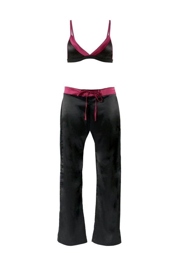 Fantasy Lingerie Lynn Bralette & Drawstring Pant Set Satin Black S/M