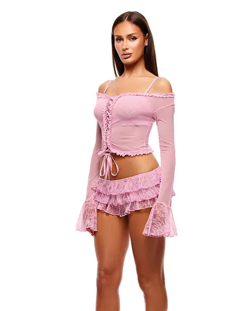 Soft Girl Era Sheer Mesh & Lace Bralette & Shorts - Light Pink