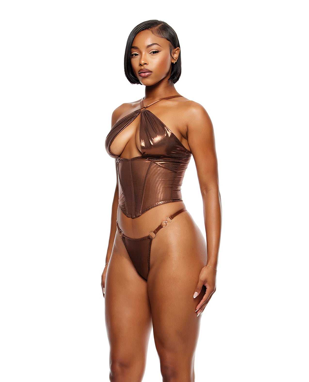 Forplay Liquid Metal Metallic Mesh Bustier Lingerie Set - Copper