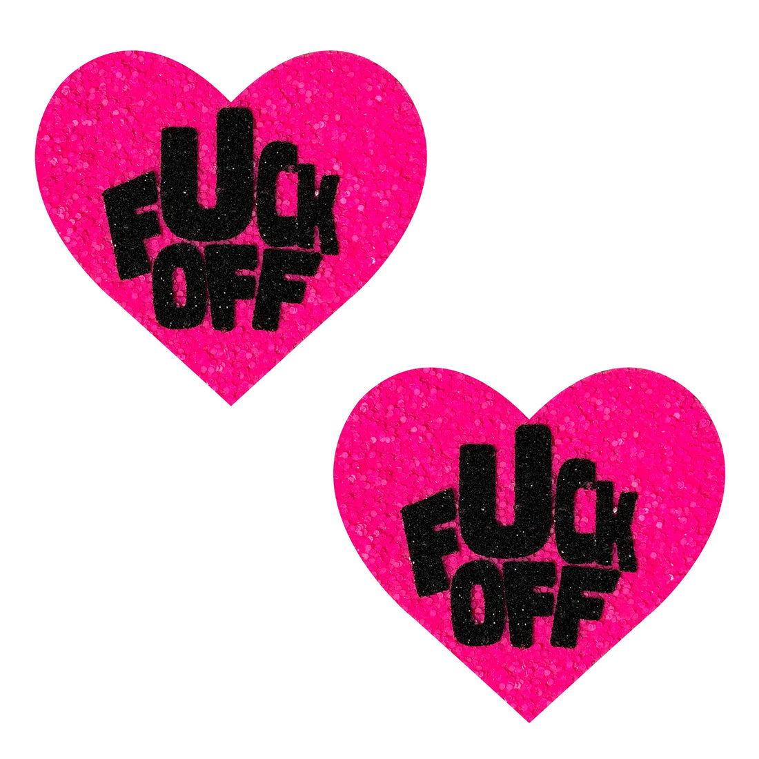 Neva Nude Fuck Off Glitter Blacklight Reactive Heart Pasties - Pink/Black