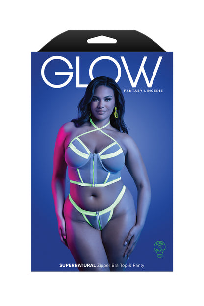 Fantasy Glow Black Light Supernatural Zipper Bra Top & Panty Set Queen