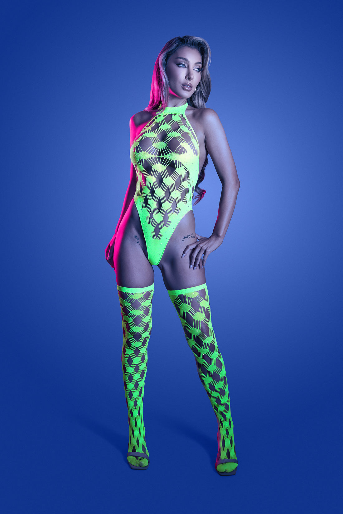 Fantasy Lingerie Glow Adrenaline Rhinestone Teddy & Stockings