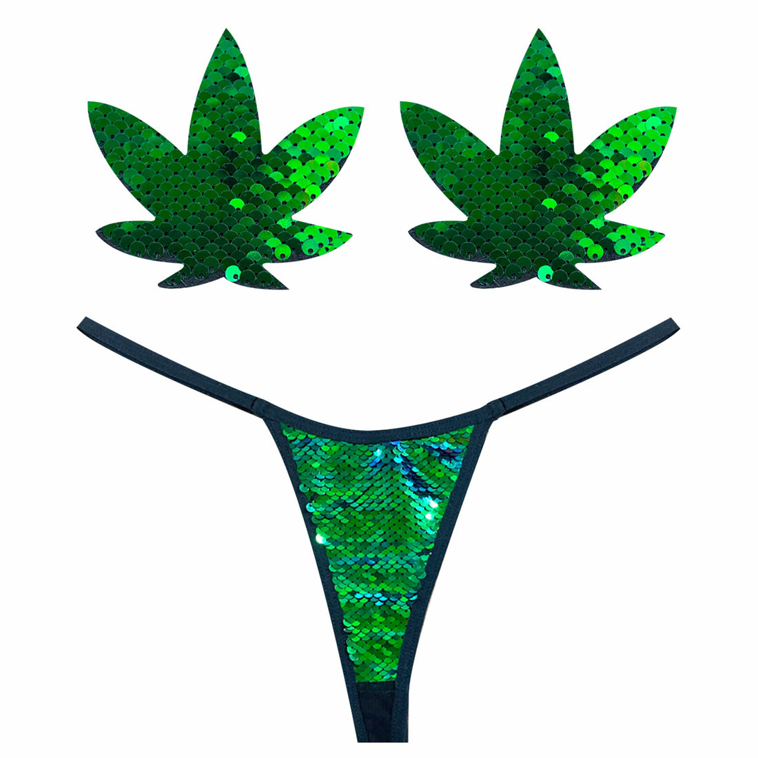 Neva Nude Naughty Knix Weed Leaf Sequin G-String & Pasties - Green