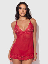 House of Desire Harlow Lace & Mesh Babydoll & G-String Set Crimson Red