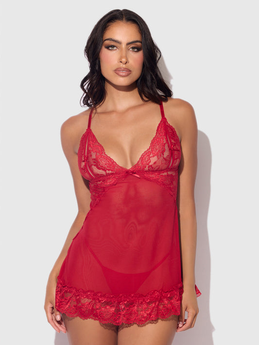 House of Desire Harlow Lace & Mesh Babydoll & G-String Set Crimson Red