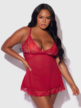 House of Desire Harlow Lace & Mesh Babydoll & G-String Set Crimson Red
